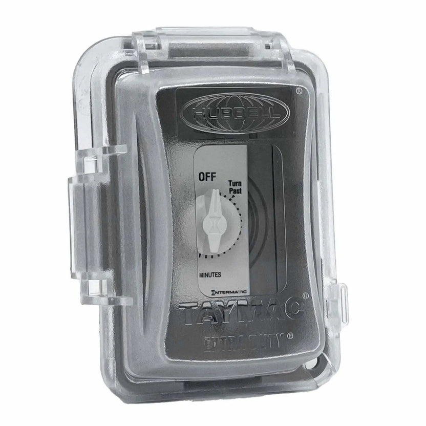 Closed weatherproof electrical enclosure with clear protective cover housing a 60-minute Intermatic wall timer switch, designed for outdoor fire pit and fireplace ignition control applications in wet locations.