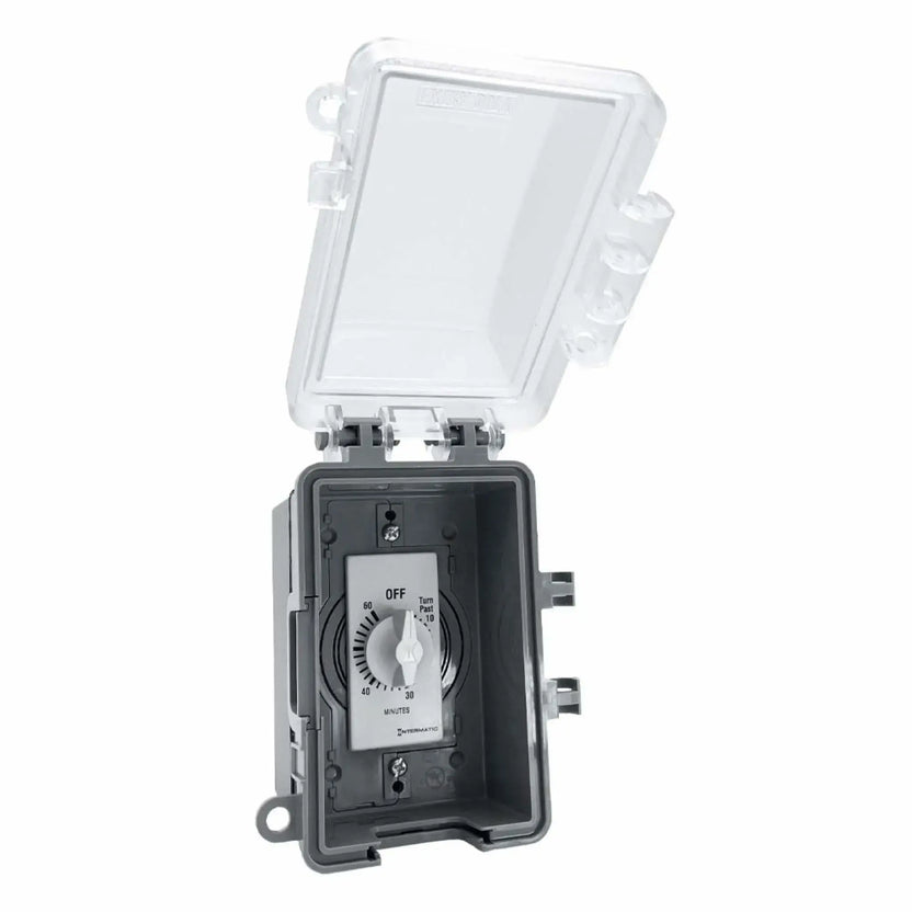 Open extra-duty outdoor wall box featuring a 60-minute (1-hour) Intermatic mechanical timer switch inside, with a hinged clear cover and durable gray housing suitable for electronic ignition control systems.