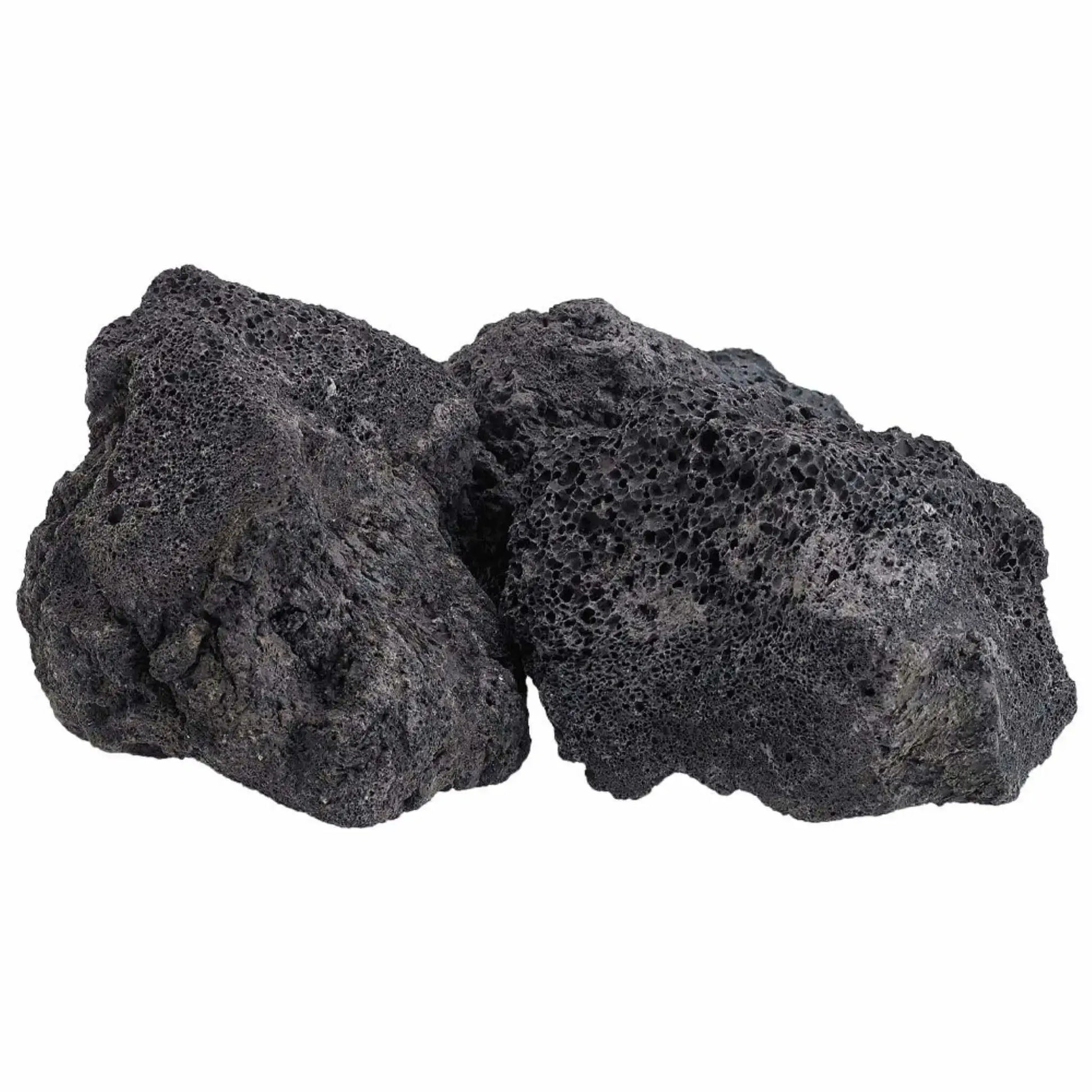 Two extra extra large XXL lava rocks from American Fire Products displayed on a white background, showing their oversized, rugged shape and heavily pitted volcanic texture in deep charcoal gray.