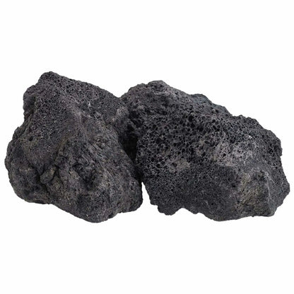 Two extra extra large XXL lava rocks from American Fire Products displayed on a white background, showing their oversized, rugged shape and heavily pitted volcanic texture in deep charcoal gray.