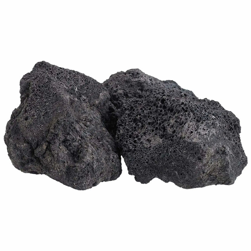 Two extra extra large XXL lava rocks from American Fire Products displayed on a white background, showing their oversized, rugged shape and heavily pitted volcanic texture in deep charcoal gray.
