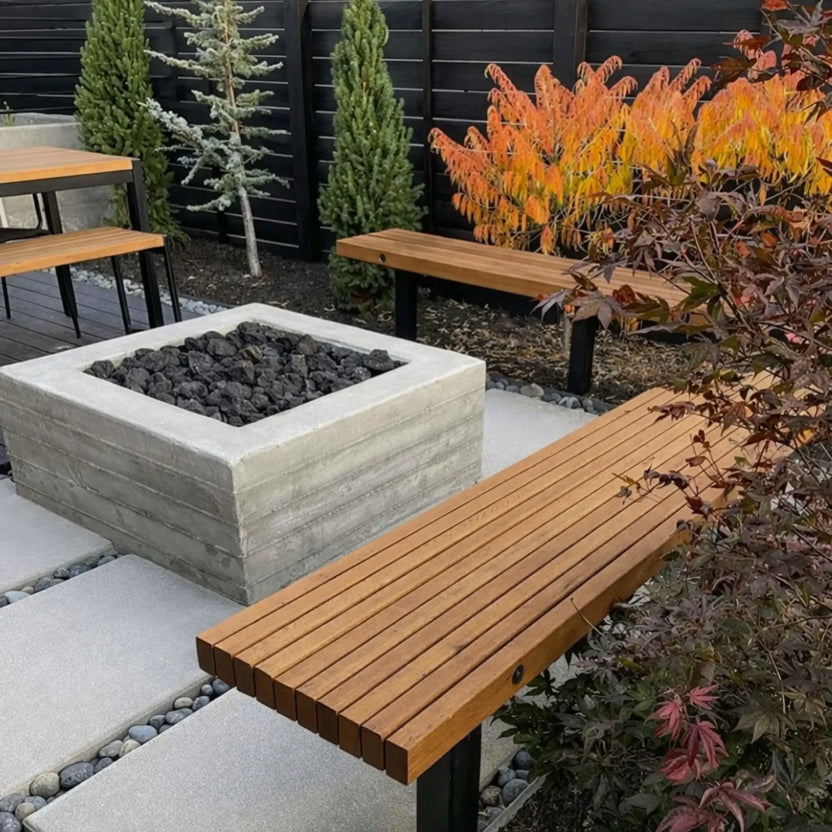 Modern square concrete fire pit packed with large black lava rocks, framed by wood benches and landscaped garden elements in a contemporary outdoor space.
