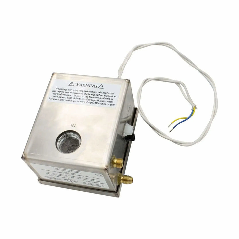 Underside view of the AWEIS high-capacity stainless steel ignition control box showing the threaded gas “IN” port with internal screen, dual brass gas connections on the side, weather-sealed wire pass-through, and manufacturer warning label, designed for outdoor natural gas or propane fire feature installations.