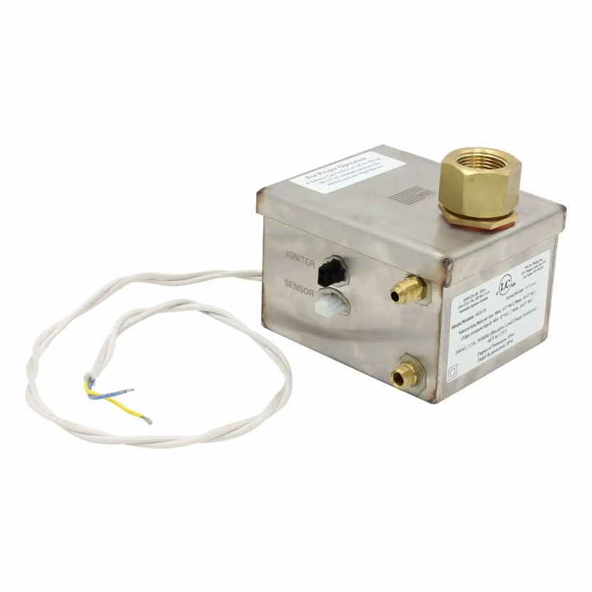 Close-up angled view of the Fire by Design AWEIS high-capacity ignition control box for natural gas and propane fire pits, featuring a stainless steel enclosure, large brass gas inlet fitting on top, side-mounted gas ports, clearly labeled igniter and sensor terminals, and braided low-voltage lead wires for all-weather electronic ignition systems.