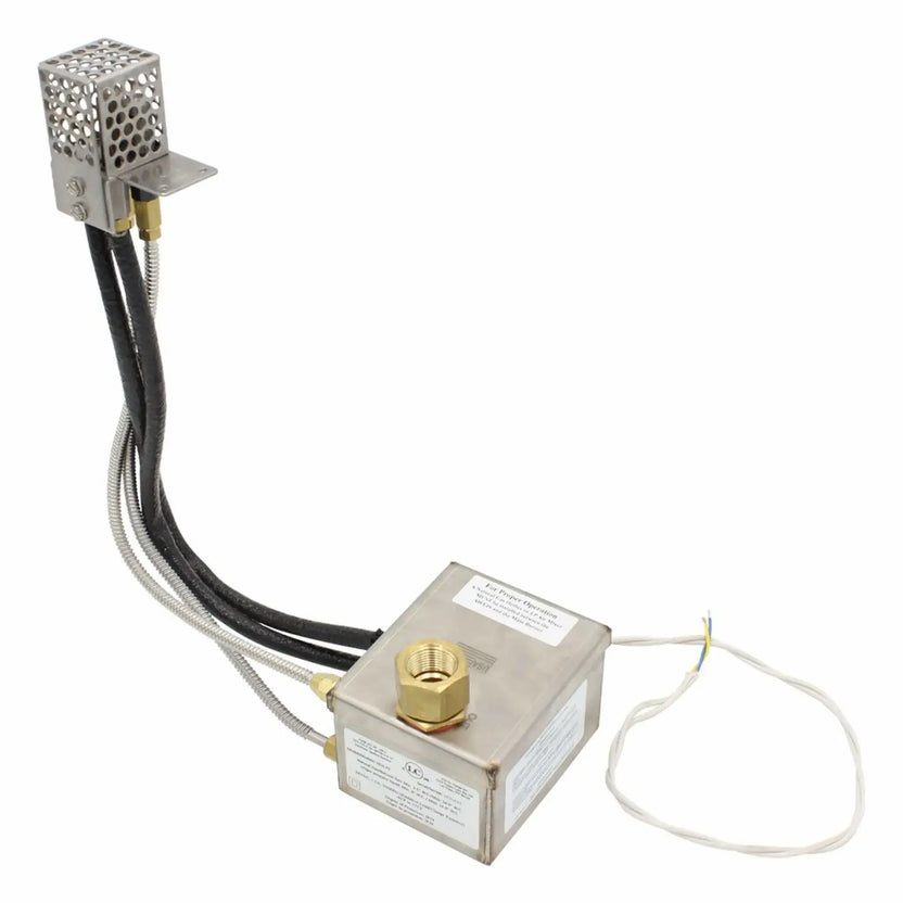 Complete Fire by Design AWEIS high-capacity electronic ignition kit for outdoor gas fire pits, including stainless steel ignition control box with brass fittings, pilot burner assembly with protective cage, flexible stainless braided gas lines, insulated wiring leads, and mounting hardware for reliable all-weather natural gas or propane ignition.