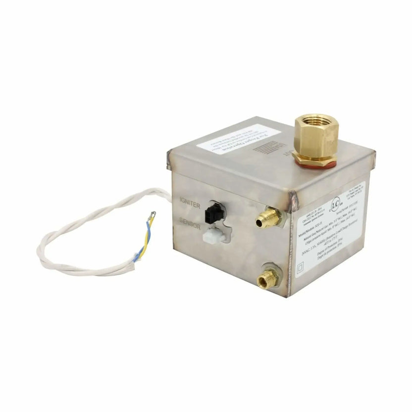 Stainless steel ignition control box for the Fire by Design AWEIS electronic ignition system, designed for natural gas or propane fire pits, featuring brass gas inlet and outlet fittings, igniter and sensor ports, and heavy-duty weather-resistant construction for outdoor installations.
