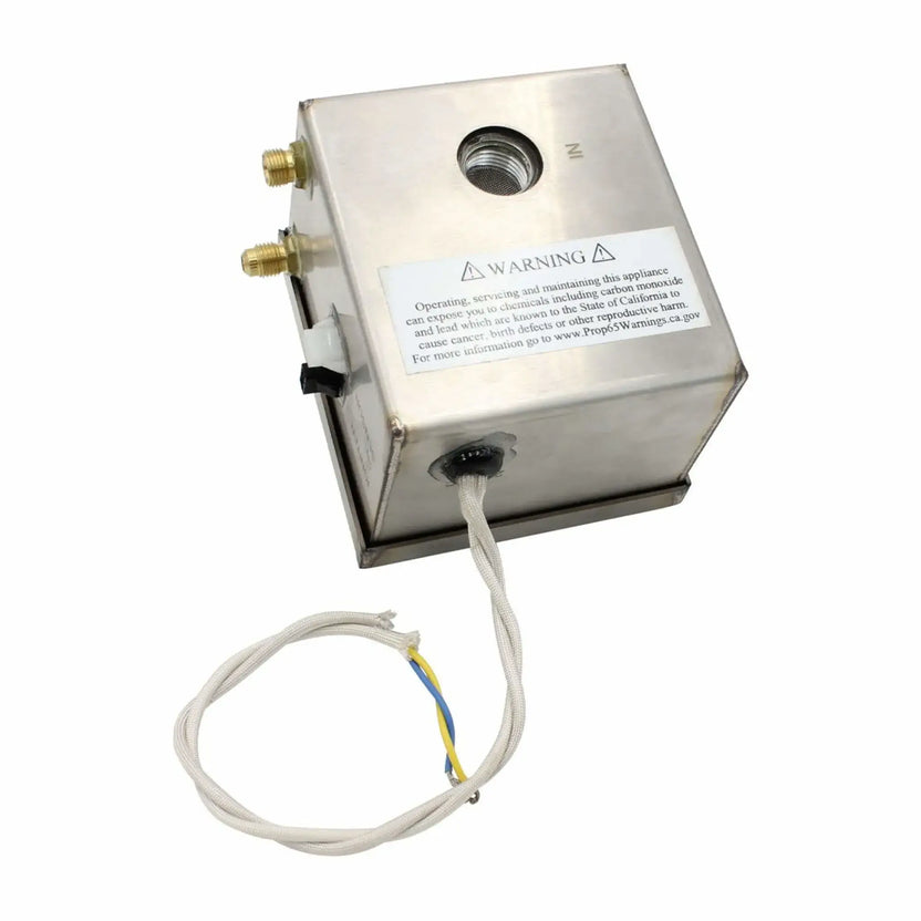 Rear angle view of the AWEIS stainless steel ignition control box showing threaded gas connections, protective braided wiring, weather-sealed cable entry point, and safety warning label, built for all-weather electronic ignition control in outdoor gas fire features.