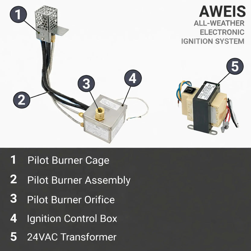 Component overview graphic of the Fire by Design AWEIS All-Weather Electronic Ignition System highlighting the pilot burner cage, pilot burner assembly, pilot burner orifice, ignition control box, and 24VAC transformer, clearly labeled for natural gas and propane fire pit systems.