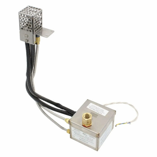 Complete Fire by Design AWEIS electronic ignition kit for outdoor gas fire pits, including stainless steel ignition control box, pilot burner assembly with protective cage, flexible gas lines, braided sensor wiring, and brass fittings, engineered for reliable all-weather natural gas or propane ignition.