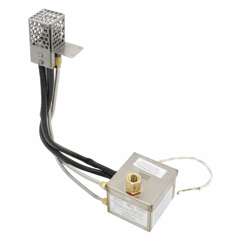 Complete Fire by Design AWEIS electronic ignition kit for outdoor gas fire pits, including stainless steel ignition control box, pilot burner assembly with protective cage, flexible gas lines, braided sensor wiring, and brass fittings, engineered for reliable all-weather natural gas or propane ignition.