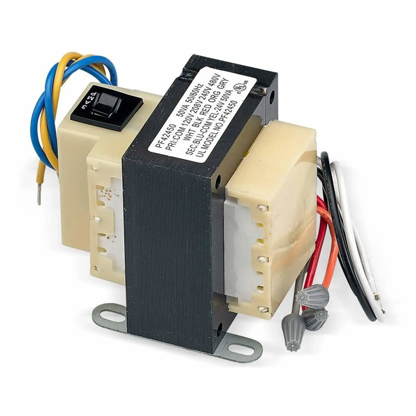 Close-up product image of a 24VAC transformer used with the Fire by Design AWEIS All-Weather Electronic Ignition System, featuring a black laminated steel core, beige housing, integrated on/off switch, and multiple colored lead wires for hardwired 24-volt fire pit ignition applications.