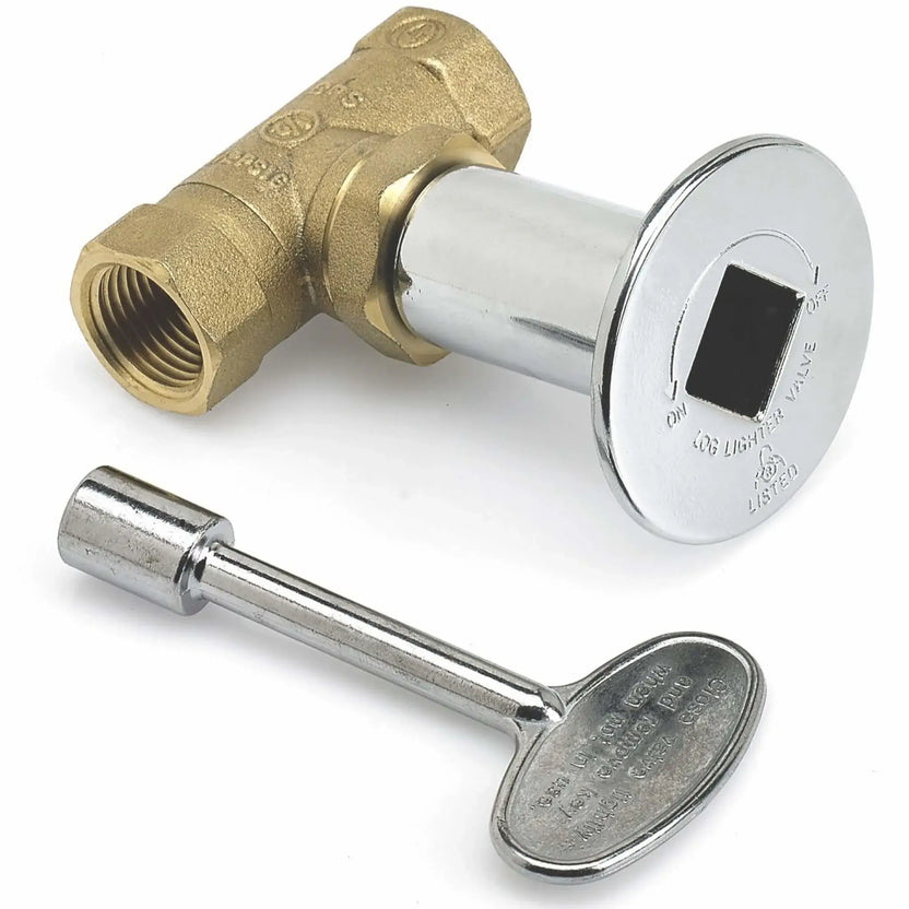 Chrome fire pit key valve with solid brass body and polished round chrome faceplate, featuring an ON/OFF directional indicator, square key opening, and female threaded gas inlet designed for outdoor fire pit installations.