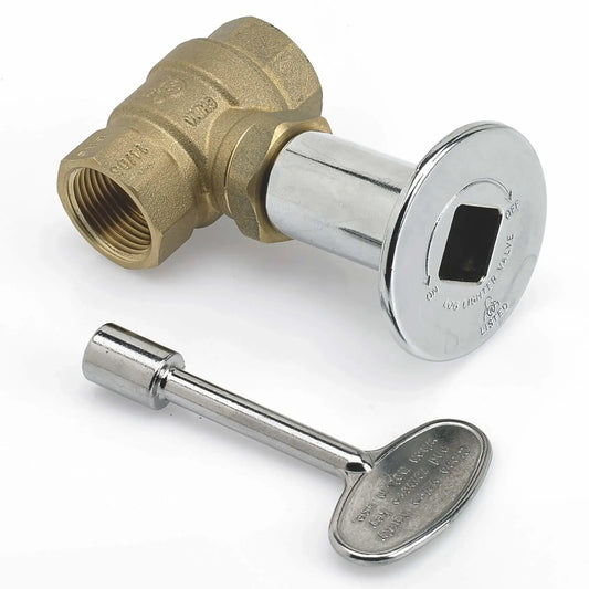 Close-up view of a quarter-inch fire pit chrome key valve showing the brass valve housing, chrome-plated escutcheon plate, and removable metal key used to safely control gas flow in outdoor fire features.