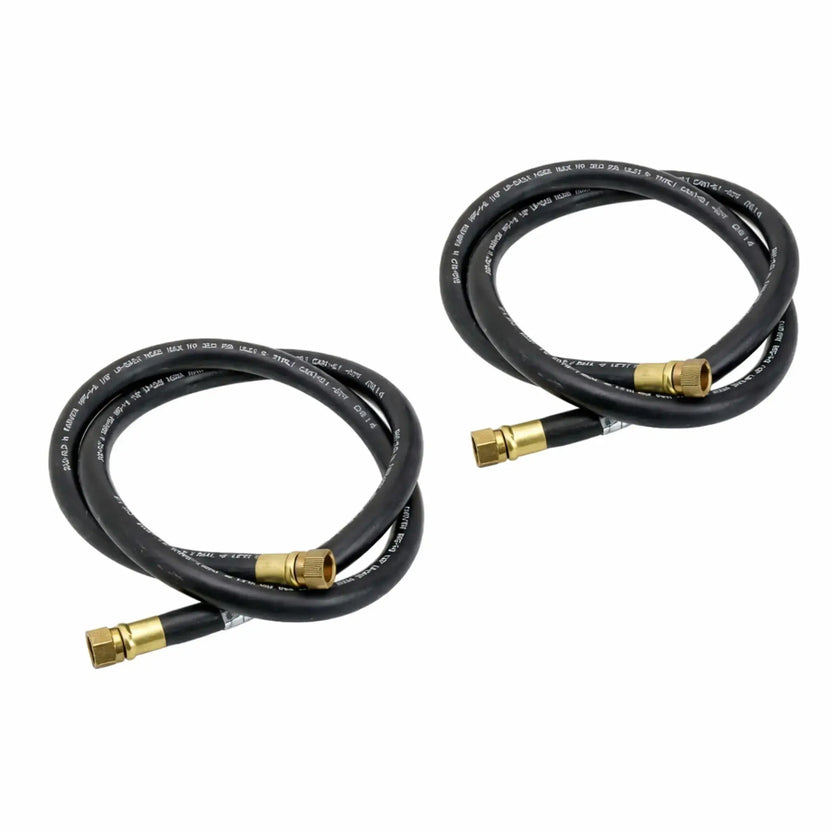 Two coiled black rubber fire pit gas hoses with brass fittings on each end, designed for outdoor natural gas or propane fire pit installations, shown on a white background with durable, flexible construction for safe gas connections.