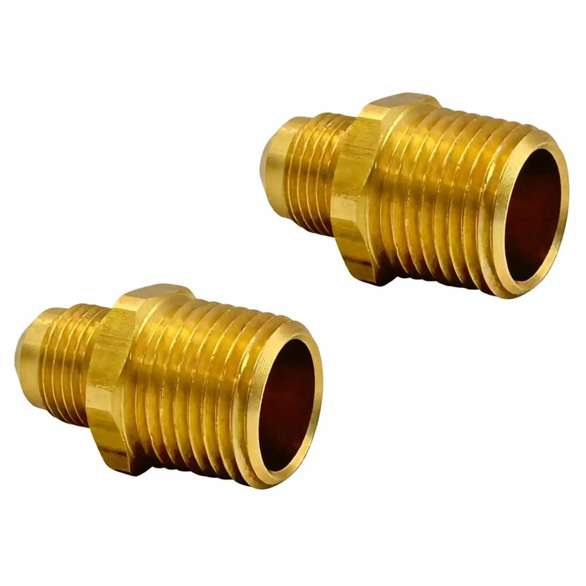 Pair of solid brass male gas fittings with precision-cut threads, commonly used for fire pit gas line connections, shown side by side to highlight threading depth and heavy-duty brass construction.