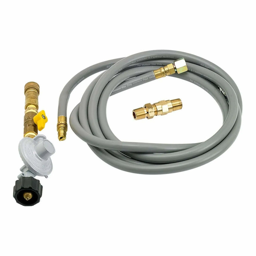 Complete propane fire pit installation kit featuring a gray flexible gas hose with brass quick-disconnect fittings, inline shut-off ball valve, propane regulator, and threaded adapters, designed for safe outdoor fire pit and burner installations.