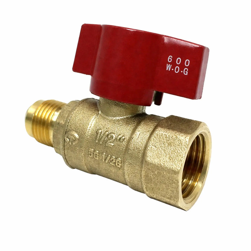 Heavy-duty brass propane gas ball valve with red quarter-turn handle, 1/2-inch threaded connections, and durable metal construction for precise gas flow control in outdoor fire pit and fireplace installations.