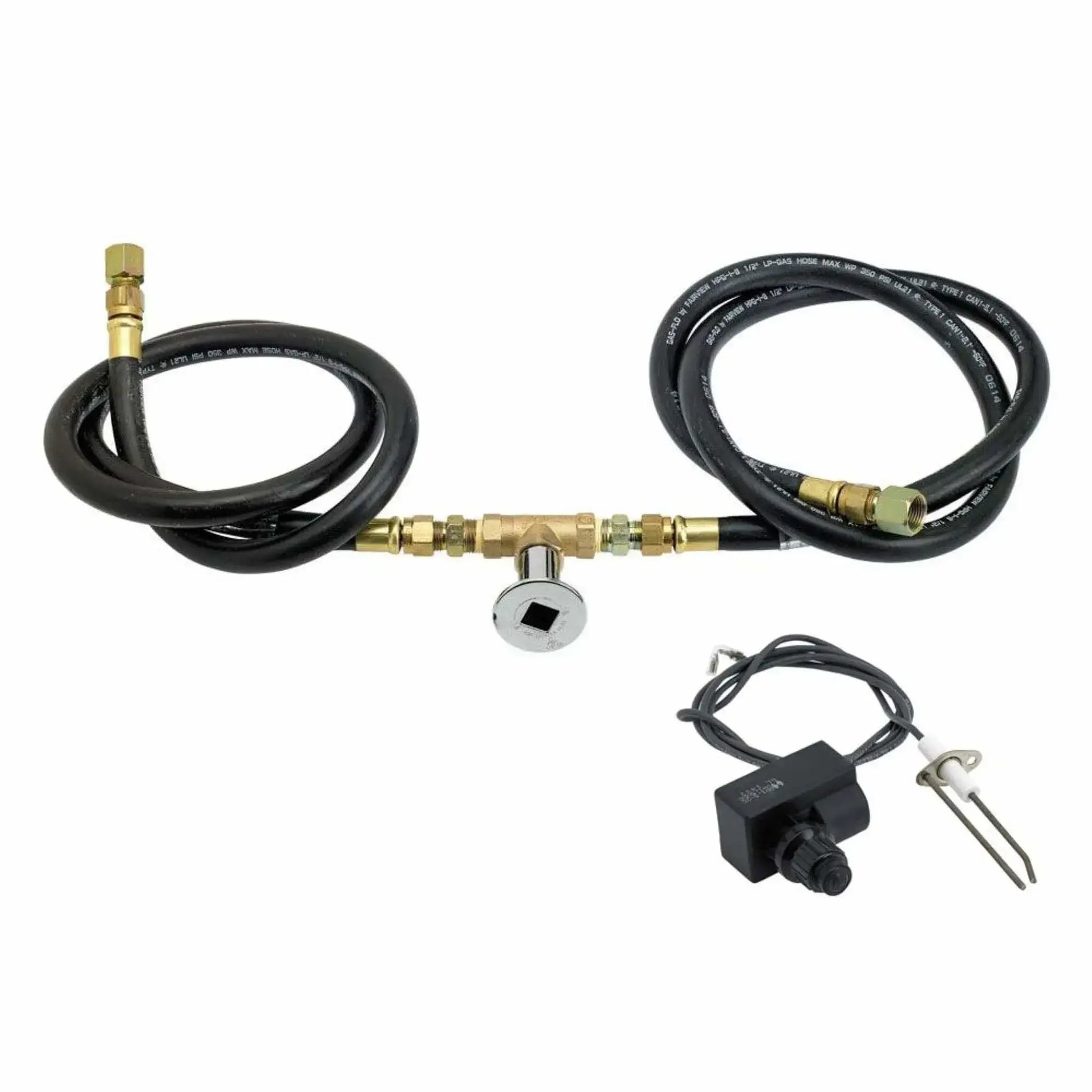 Complete natural gas fire pit installation kit featuring dual black rubber gas hoses, a brass chrome key valve with square key opening, push-button spark ignition module with ceramic igniter probe, and pre-assembled brass fittings laid out on a white background for easy identification.
