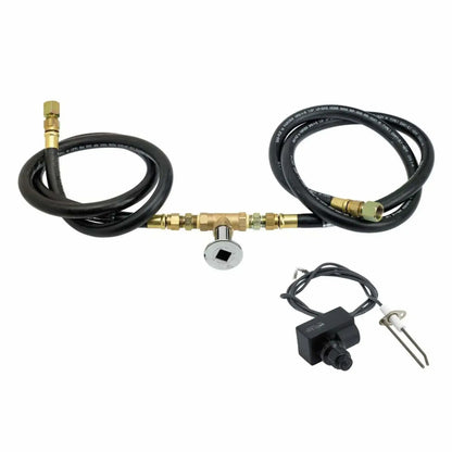 Complete natural gas fire pit installation kit featuring dual black rubber gas hoses, a brass chrome key valve with square key opening, push-button spark ignition module with ceramic igniter probe, and pre-assembled brass fittings laid out on a white background for easy identification.
