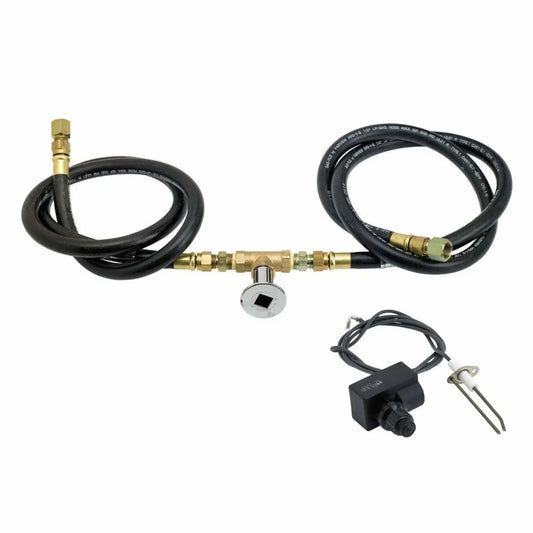 Complete natural gas fire pit installation kit featuring dual black rubber gas hoses, a brass chrome key valve with square key opening, push-button spark ignition module with ceramic igniter probe, and pre-assembled brass fittings laid out on a white background for easy identification.
