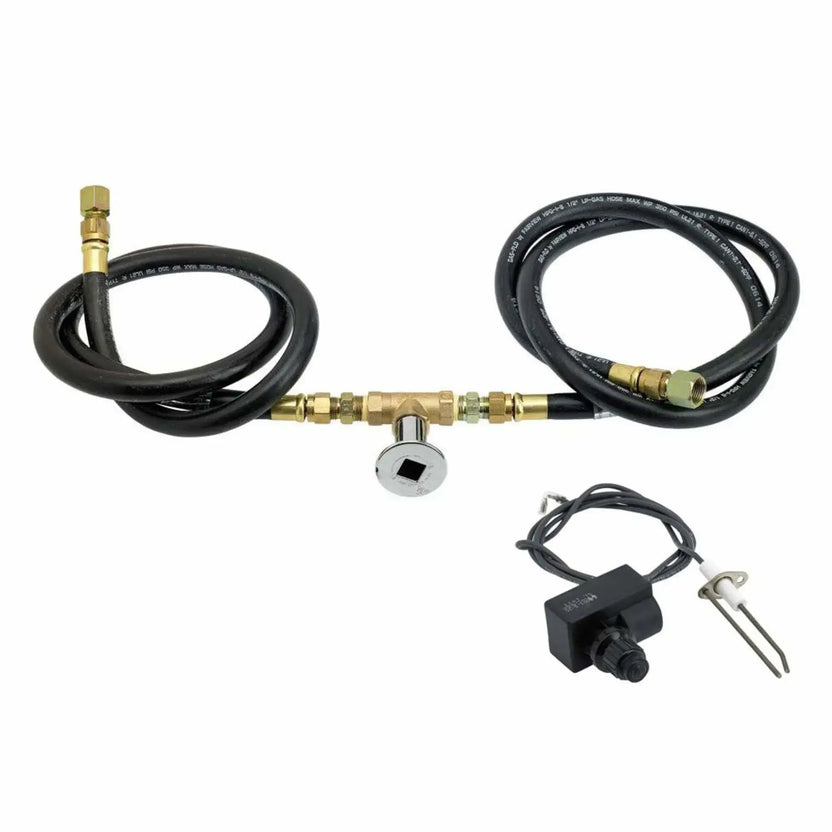Complete natural gas fire pit installation kit featuring dual black rubber gas hoses, a brass chrome key valve with square key opening, push-button spark ignition module with ceramic igniter probe, and pre-assembled brass fittings laid out on a white background for easy identification.