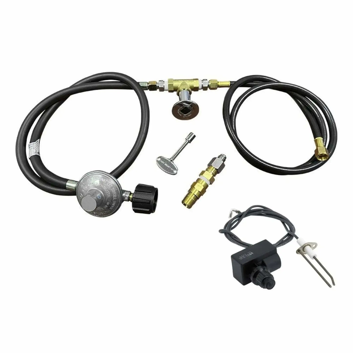 Propane gas fire pit installation kit shown with regulator hose, chrome key valve assembly, push-button spark igniter, brass adapters, and flexible gas lines arranged neatly to display all included components needed for a complete outdoor fire pit hookup.