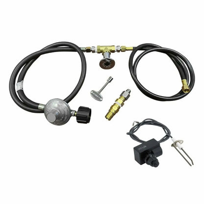 Propane gas fire pit installation kit shown with regulator hose, chrome key valve assembly, push-button spark igniter, brass adapters, and flexible gas lines arranged neatly to display all included components needed for a complete outdoor fire pit hookup.