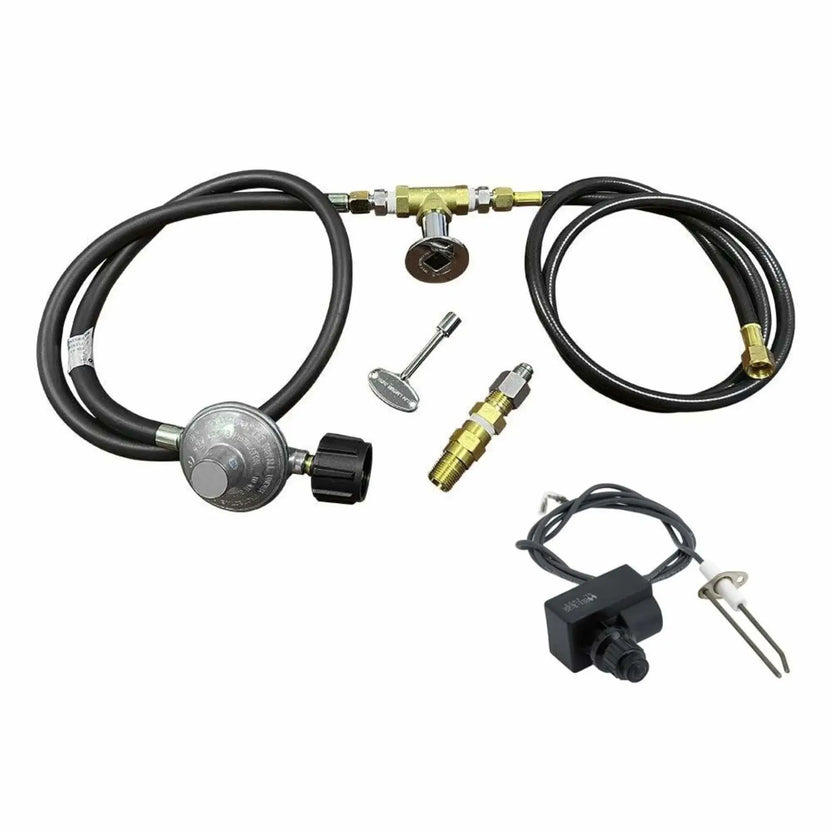 Propane gas fire pit installation kit shown with regulator hose, chrome key valve assembly, push-button spark igniter, brass adapters, and flexible gas lines arranged neatly to display all included components needed for a complete outdoor fire pit hookup.