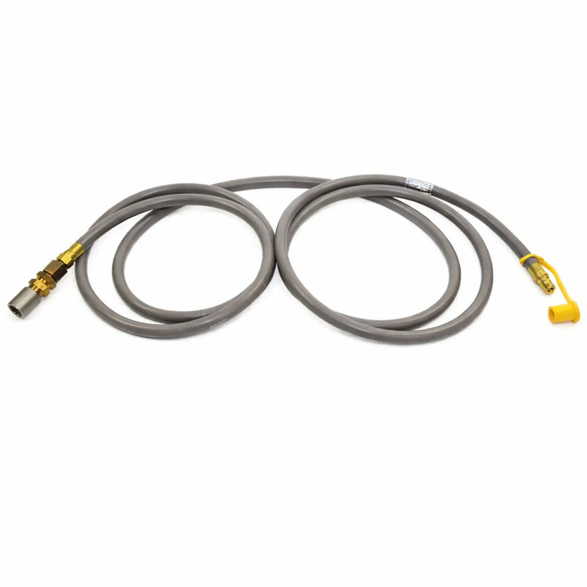 Flexible propane gas hose with integrated quick-disconnect fitting and yellow safety cap, designed for outdoor fire pit installations requiring easy connection, proper air-to-fuel mixing, and secure propane gas delivery.