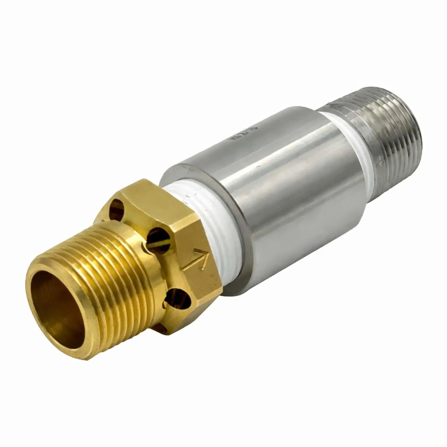 High-capacity 3/4 inch propane air mixer featuring a brass threaded inlet with adjustable air shutter and a stainless steel body, designed to deliver proper air-to-gas mixture for strong, clean-burning flames in outdoor gas fire pit systems.