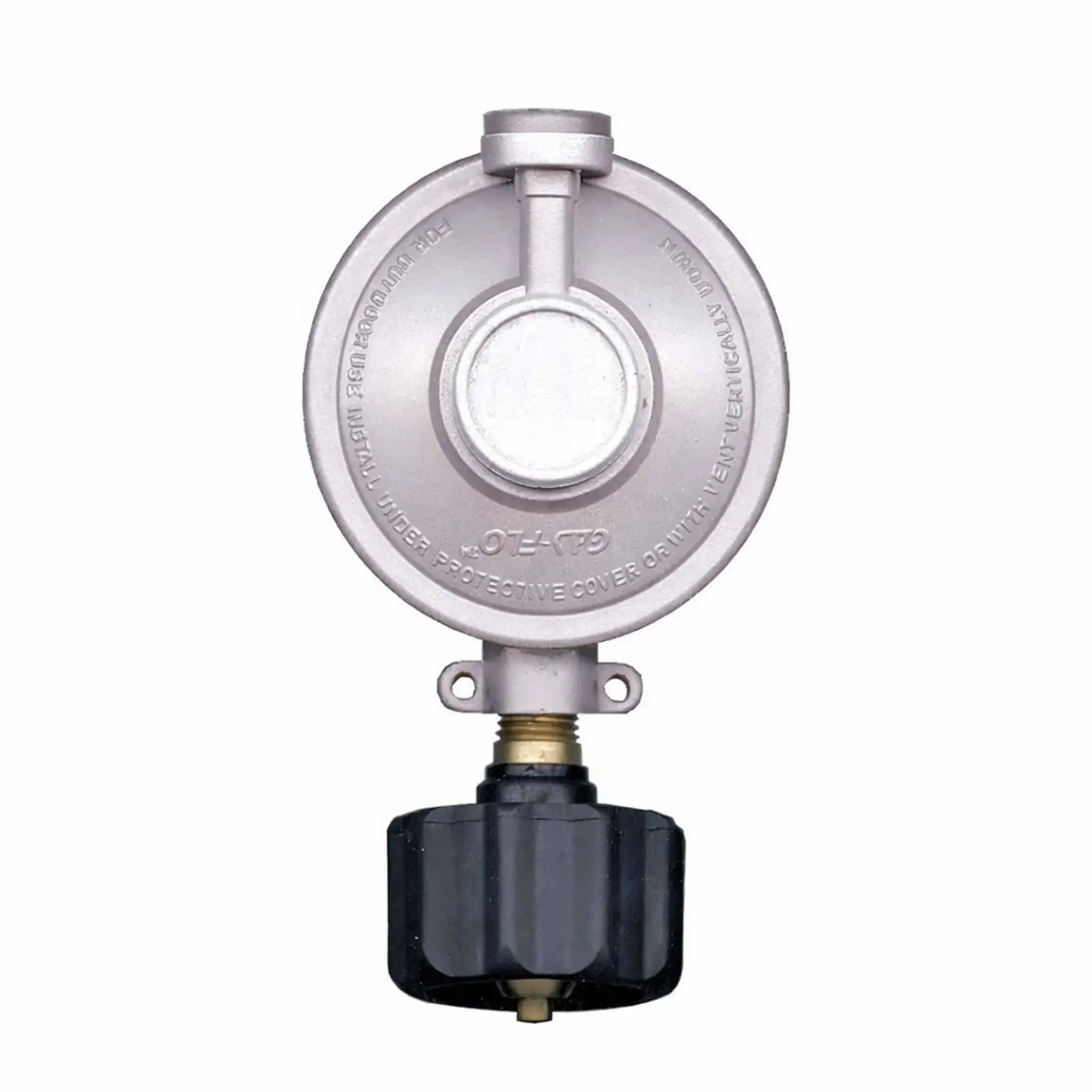 Close-up view of a round propane gas regulator with integrated pressure control, silver metal housing, and black adjustment knob, designed for safe connection between a propane tank and an outdoor fire pit or gas appliance.