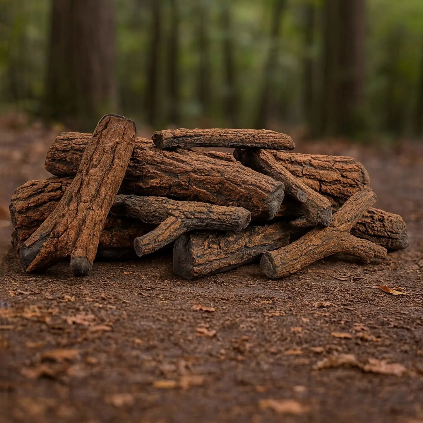 Stack of American Fire Products Formation Creation Country Oak ceramic gas fire pit logs arranged naturally on the ground in a wooded outdoor setting, showcasing realistic bark texture, deep grooves, and rugged oak detailing designed for gas fire pit burners.