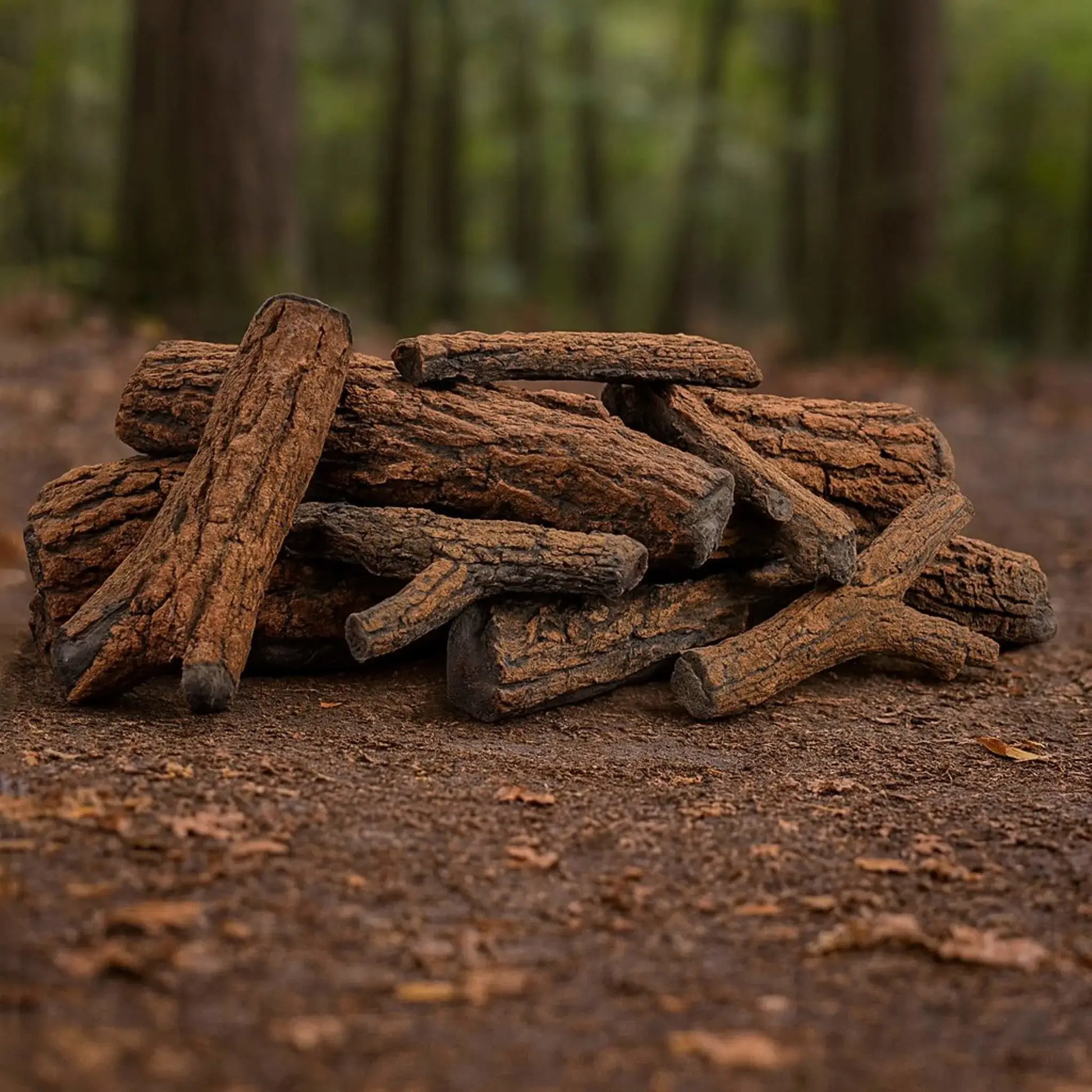 Stack of American Fire Products Formation Creation Country Oak ceramic gas fire pit logs arranged naturally on the ground in a wooded outdoor setting, showcasing realistic bark texture, deep grooves, and rugged oak detailing designed for gas fire pit burners.