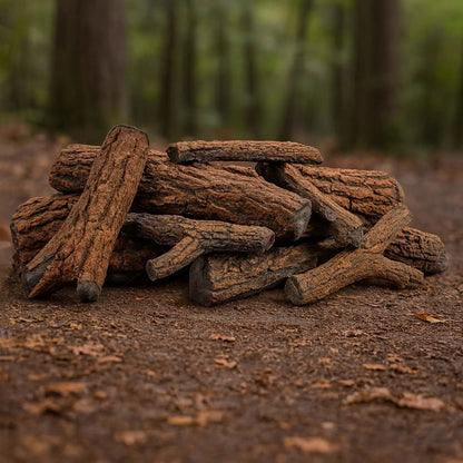 Stack of American Fire Products Formation Creation Country Oak ceramic gas fire pit logs arranged naturally on the ground in a wooded outdoor setting, showcasing realistic bark texture, deep grooves, and rugged oak detailing designed for gas fire pit burners.