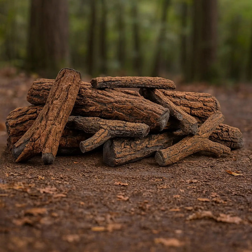 Stack of American Fire Products Formation Creation Country Oak ceramic gas fire pit logs arranged naturally on the ground in a wooded outdoor setting, showcasing realistic bark texture, deep grooves, and rugged oak detailing designed for gas fire pit burners.