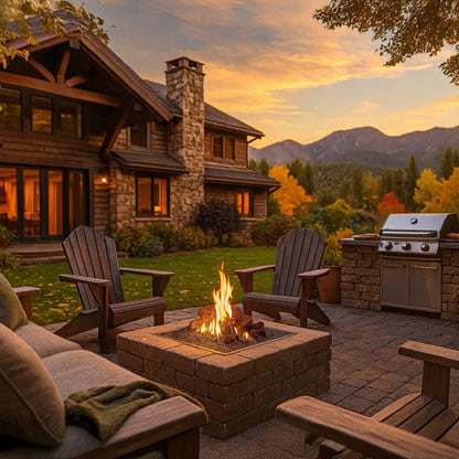 Backyard patio scene featuring a square stone gas fire pit filled with American Fire Products Country Oak ceramic gas logs, burning with bright yellow flames at sunset, surrounded by Adirondack chairs, a built-in grill, and a mountain-view home landscape.