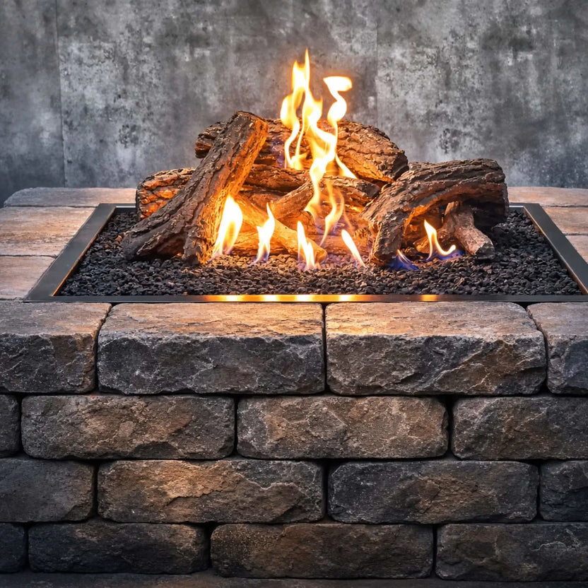 Close-up of Country Oak ceramic gas fire pit logs actively burning in a rectangular stainless steel burner pan filled with black lava rock, highlighting realistic charred bark detail and glowing flames against a stacked stone fire pit wall.