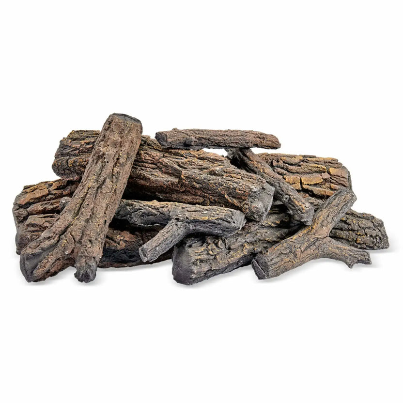 American Fire Products Formation Creation Country Oak 9-piece ceramic gas fire pit log set displayed on a clean white background, showing varied log sizes with authentic oak bark texture, hand-painted detailing, and natural wood grain pattern for gas fire features.