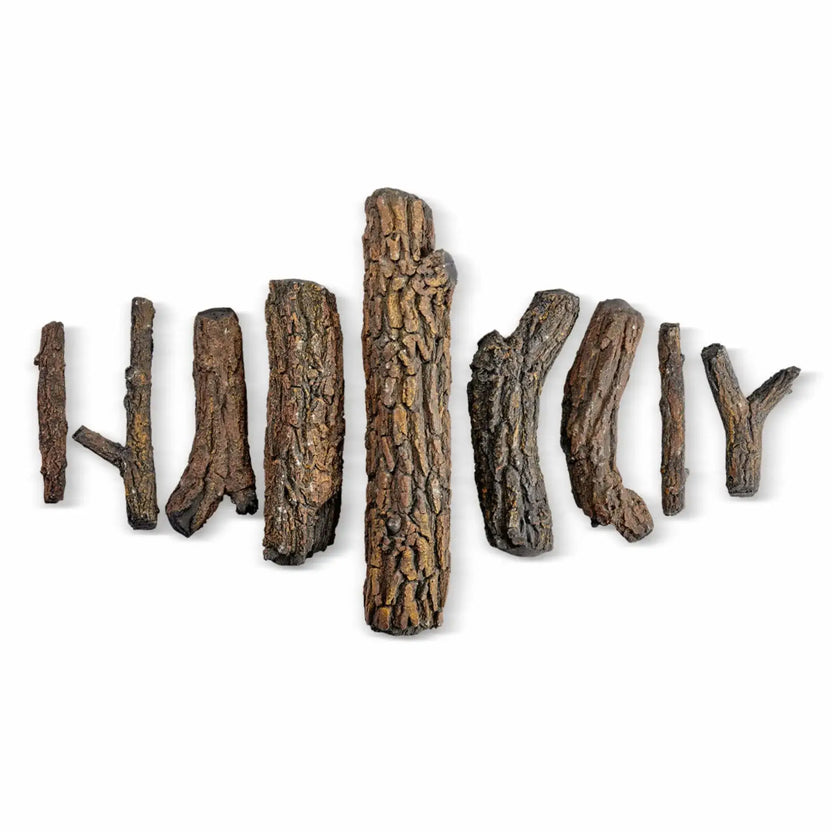 Nine individual Country Oak ceramic gas fire pit logs from American Fire Products laid out separately on a white background, displaying different shapes and diameters with realistic split ends, textured bark, and natural wood variations for custom log arrangements.