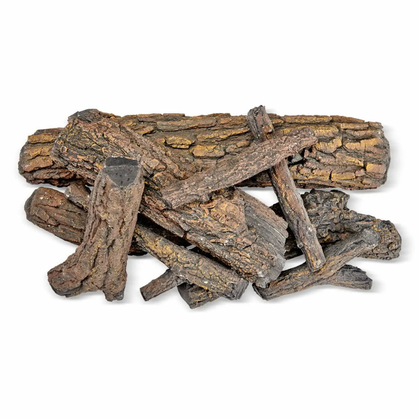Top-down view of the American Fire Products Country Oak 9-piece ceramic gas fire pit log set arranged in a stacked formation on a white background, showcasing layered oak bark texture, hand-painted brown and charcoal tones, and varied log lengths for natural fire pit presentation.