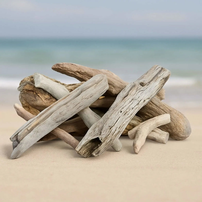 Realistic driftwood-style ceramic gas fire pit logs stacked naturally on sandy beach shoreline, featuring weathered gray and tan tones with textured grain, knots, and worn edges, set against a soft ocean backdrop for a coastal-inspired fire feature look.