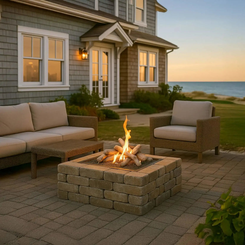 Square stone gas fire pit on a seaside patio at sunset filled with driftwood ceramic gas logs, flames rising gently between the weathered logs, surrounded by wicker outdoor seating and a coastal home with ocean views in the background.