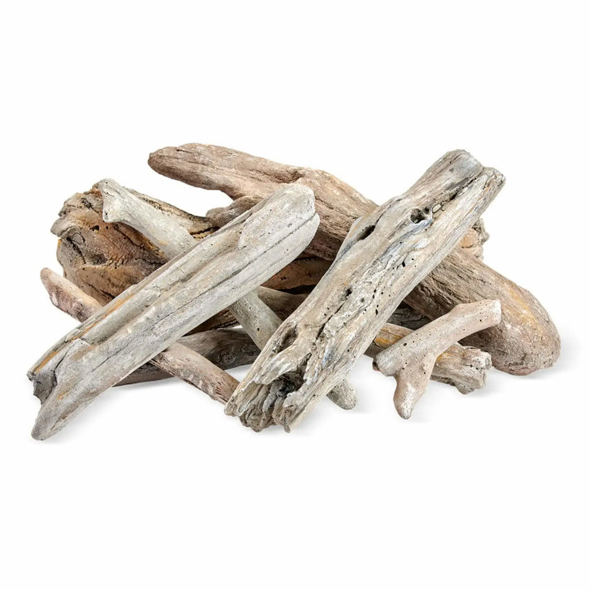 American Fire Products Formation Creation Driftwood 9-piece ceramic gas fire pit log set displayed on a white background, showcasing varied log shapes with distressed gray and tan finishes, realistic knots, and weathered wood detailing for modern gas fire features.