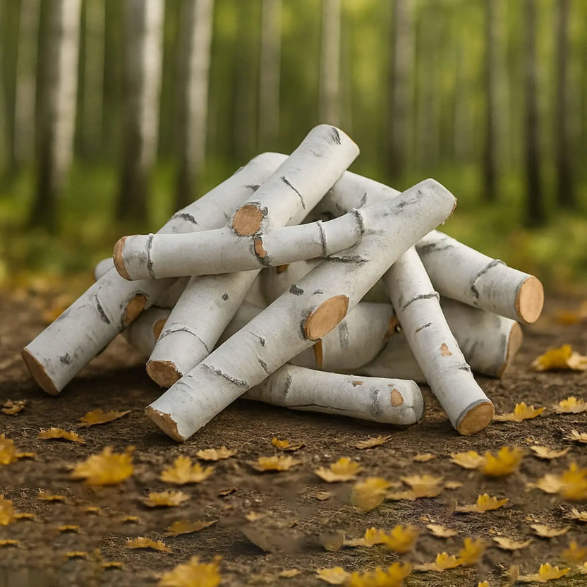 Stack of Sierra Birch ceramic gas fire pit logs arranged on a forest floor with scattered yellow leaves, highlighting the realistic white birch bark finish, subtle gray markings, and natural wood grain ends designed for gas fire pit installations.