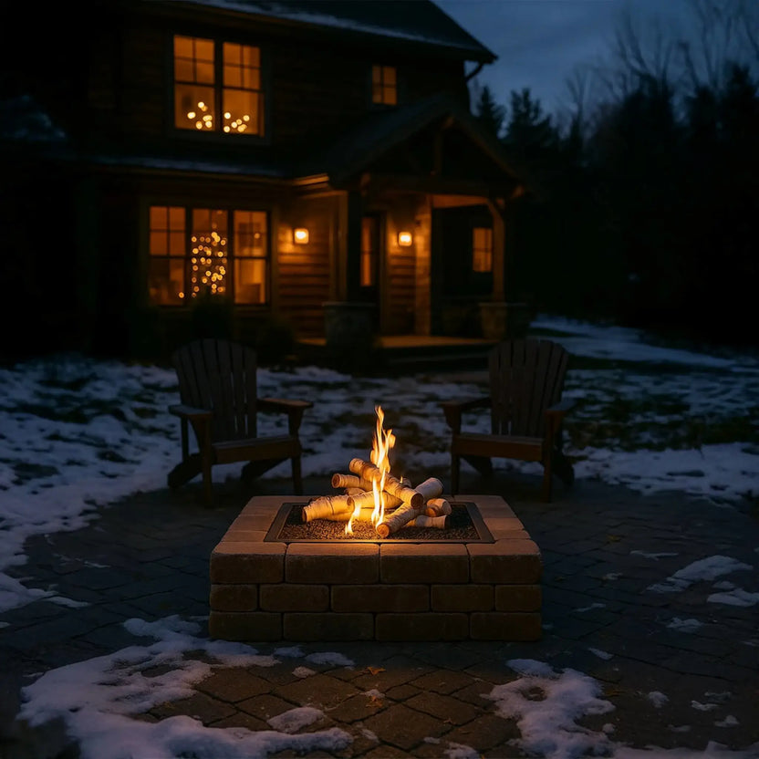 Square stone gas fire pit on a snow-dusted patio at dusk featuring Sierra Birch ceramic gas logs burning with bright flames, surrounded by Adirondack chairs and a warmly lit cabin in the background, creating a cozy winter backyard setting.