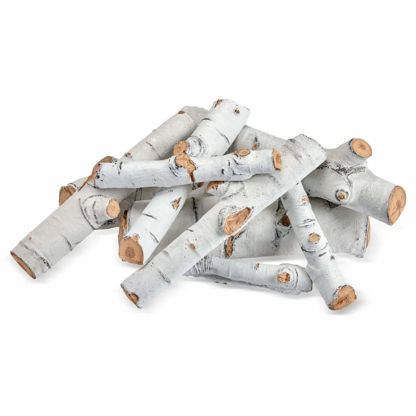 American Fire Products Formation Creation Sierra Birch 9-piece ceramic gas fire pit log set displayed on a white background, showcasing detailed white bark texture, natural knot accents, and hand-painted wood grain ends for realistic gas fire features.
