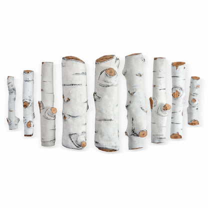 Nine individual Sierra Birch ceramic gas fire pit logs laid out separately on a white background, displaying varied lengths, branch-style shapes, and authentic birch bark detailing with exposed wood ends for custom log placement in gas fire pits.