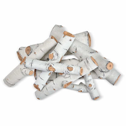 Top-down view of the Sierra Birch 9-piece ceramic gas fire pit log set arranged in a staggered layout on a white background, emphasizing the textured white bark finish, realistic knot patterns, and natural cut ends for lifelike gas fire pit presentation.