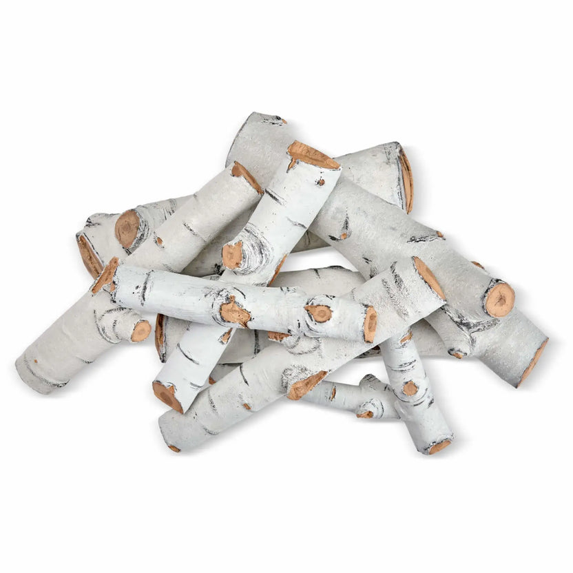 Top-down view of the Sierra Birch 9-piece ceramic gas fire pit log set arranged in a staggered layout on a white background, emphasizing the textured white bark finish, realistic knot patterns, and natural cut ends for lifelike gas fire pit presentation.