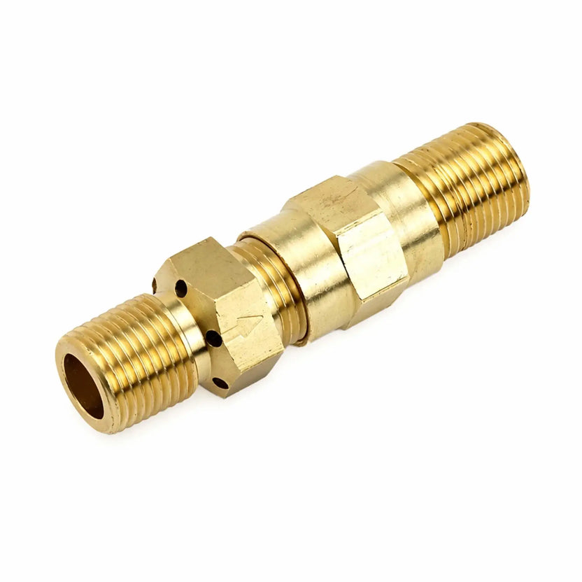 Brass 1/2-inch propane air mixer fitting with male threaded ends and integrated air intake ports, designed to properly balance fuel and airflow for consistent flame performance in outdoor gas fire pits and fire features.